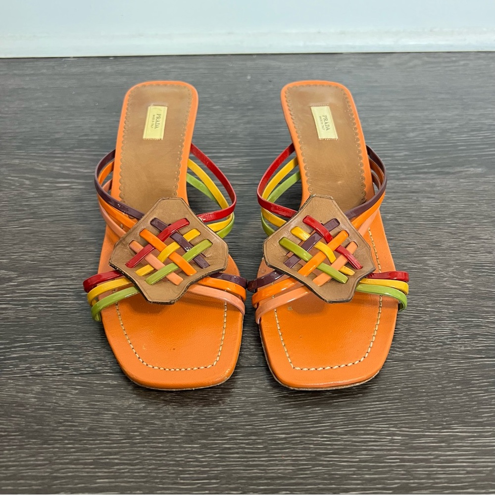 VTG Prada Orange Leather Kitten Heel Sandals with Original Bag - Picture 2 of 10